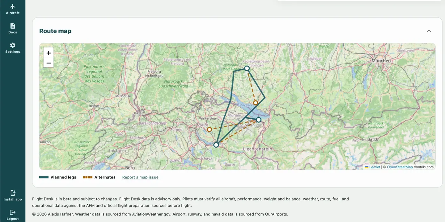 Route map with the planned legs and dashed alternates over a topographic basemap